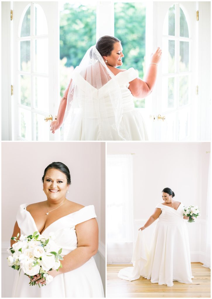 Indoor bridal portraits with a pink wall at The matthews house in Cary, NC.