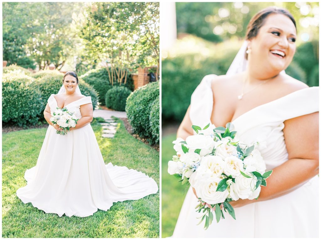 Classic bridal portrait of Amanda on the lawn of the Matthews House smiling.