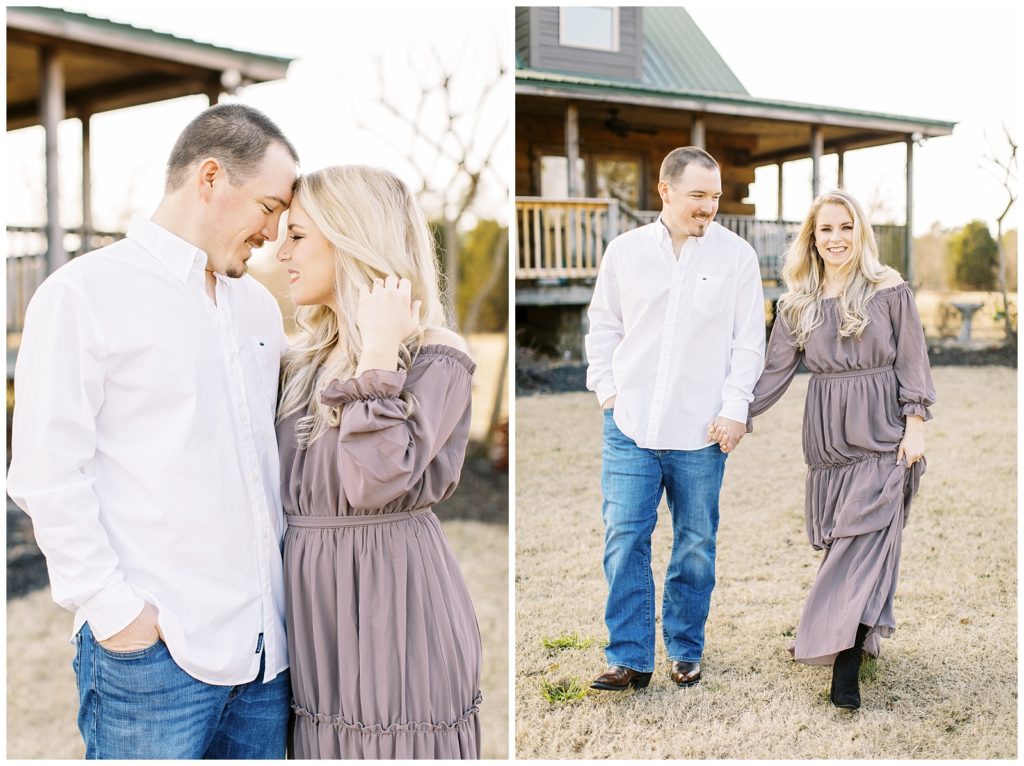 Kerri and Brandon outside her family home for their February rustic engagement session