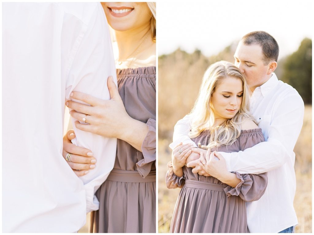 golden hour lighting for a rustic winter engagement session