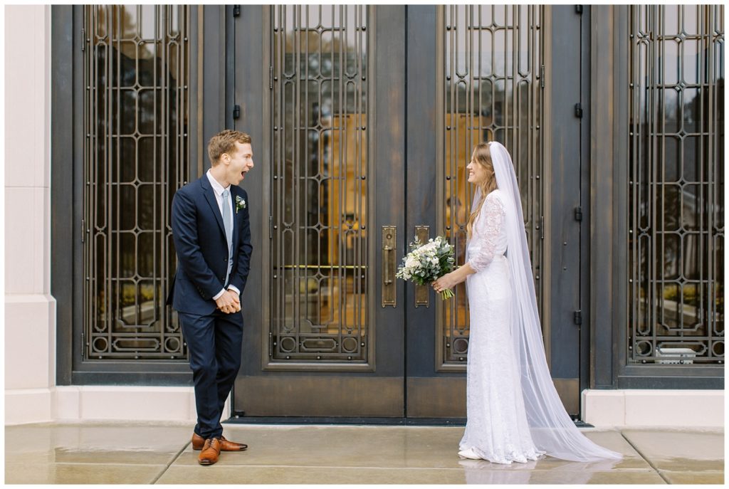 Bride and groom first look at the Raleigh Temple in North Carolina
