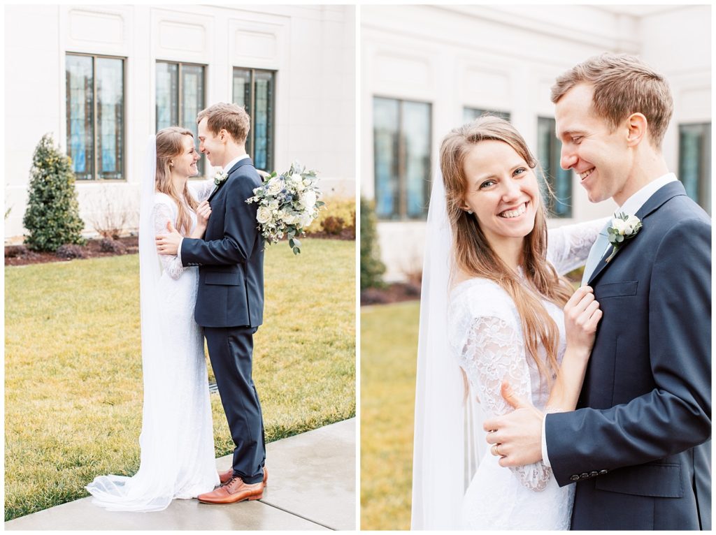 Bride and groom portrait at the Raleigh LDS Temple in North Carolina