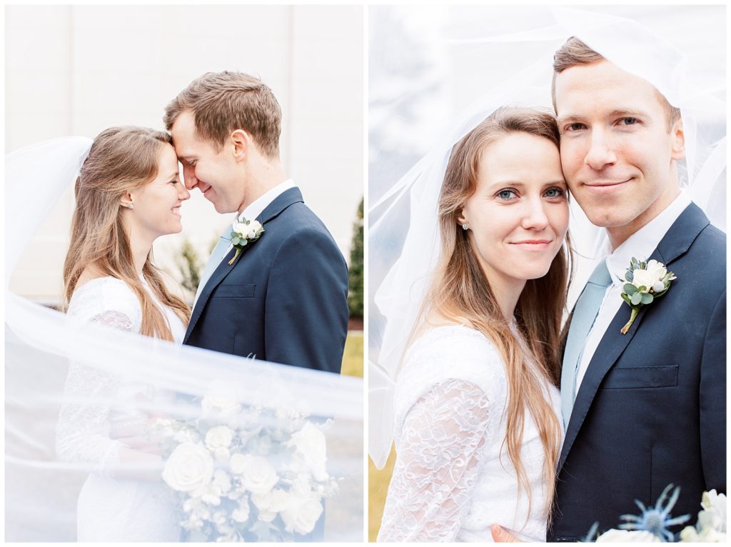 Bride and groom portrait at the Raleigh LDS Temple in North Carolina