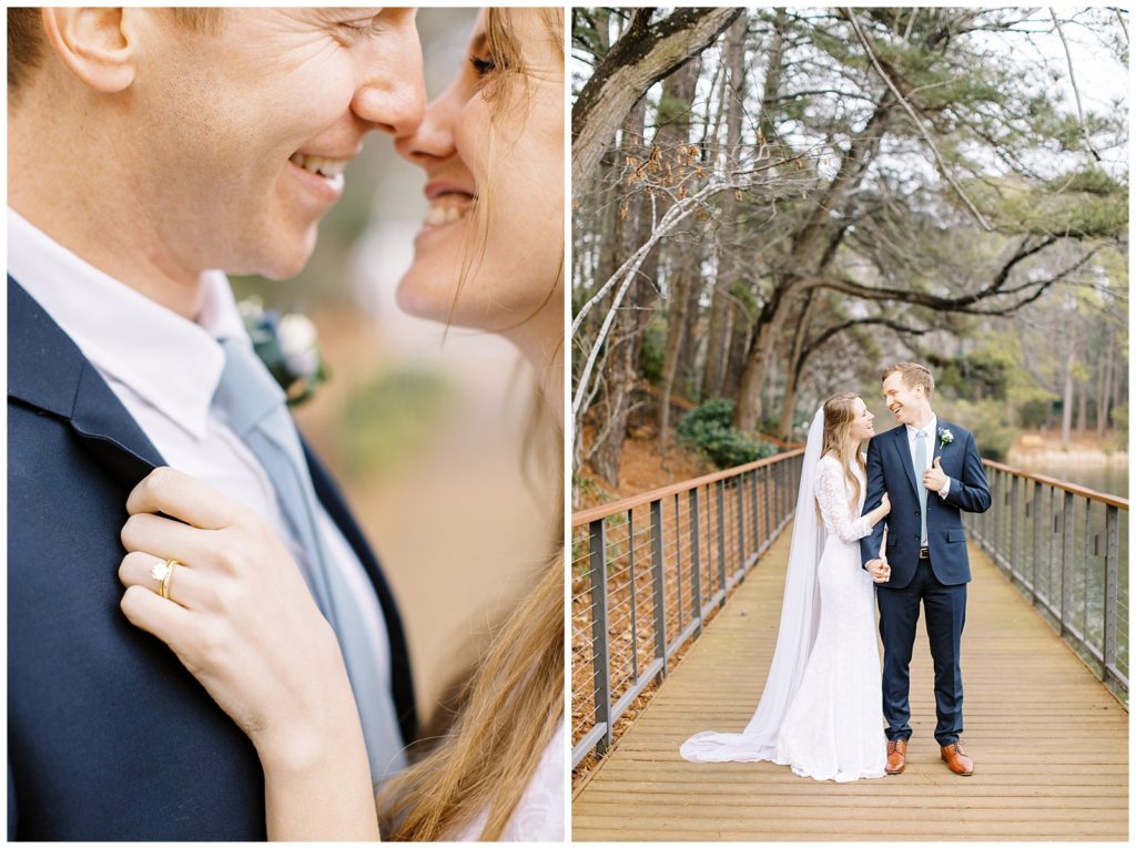 Bride and groom portrait on the bridge at the Umstead Hotel in Cary NC