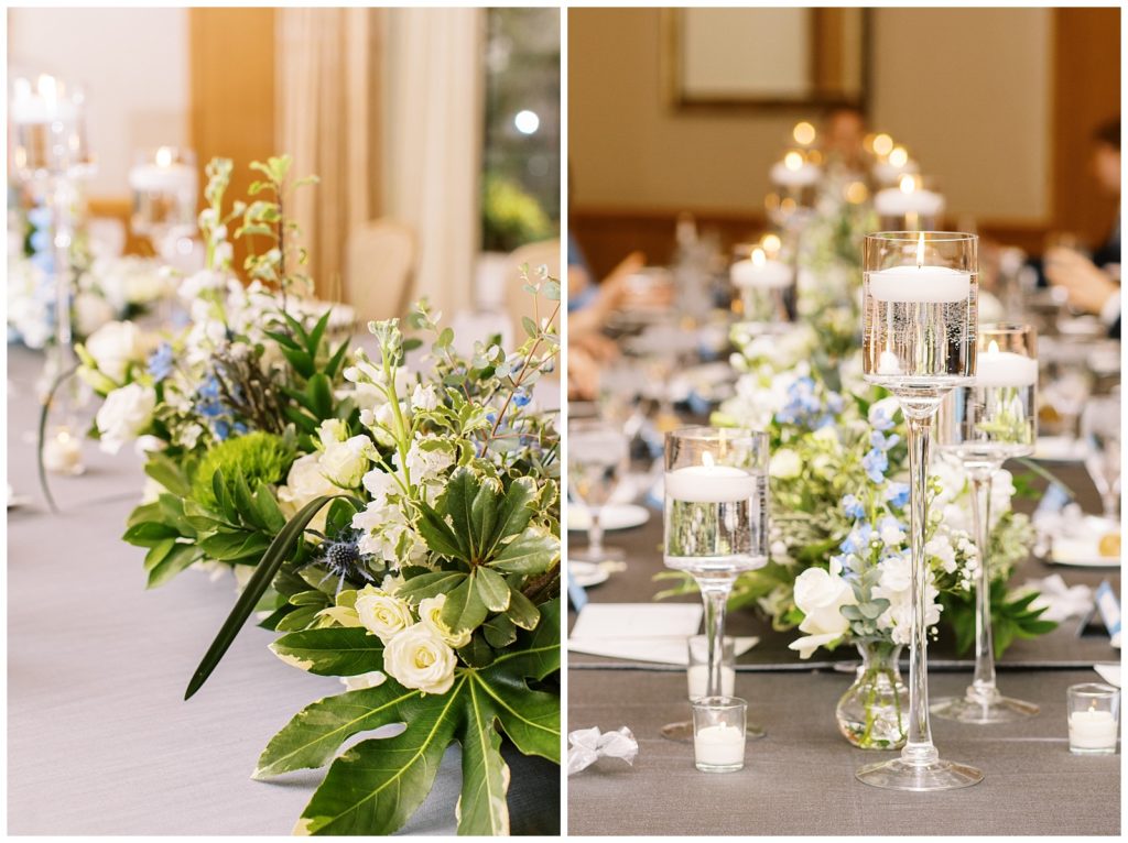 wedding reception details of table decor and florals