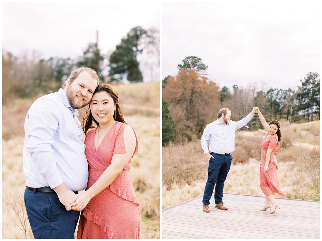 Engagement photos in a field with tall grass