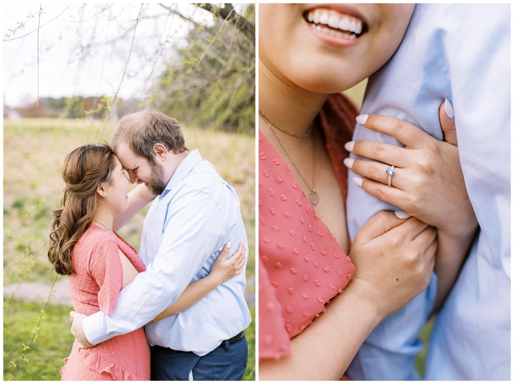 Spring engagement photos with a close up photo of Jane's sapphire engagement ring