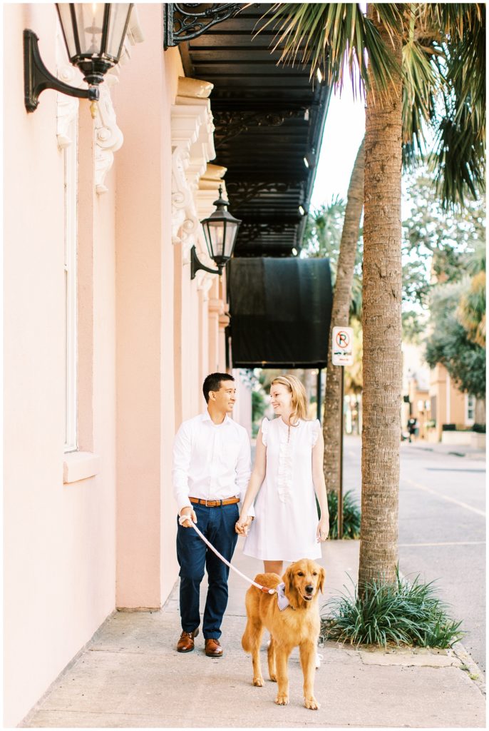 Downtown Charleston golden retriever couples session
