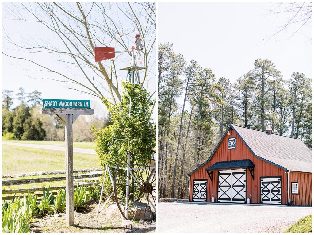 Images of the entrance to Shady Wagon Farm, a rustic red barn wedding venue in Raleigh, NC.