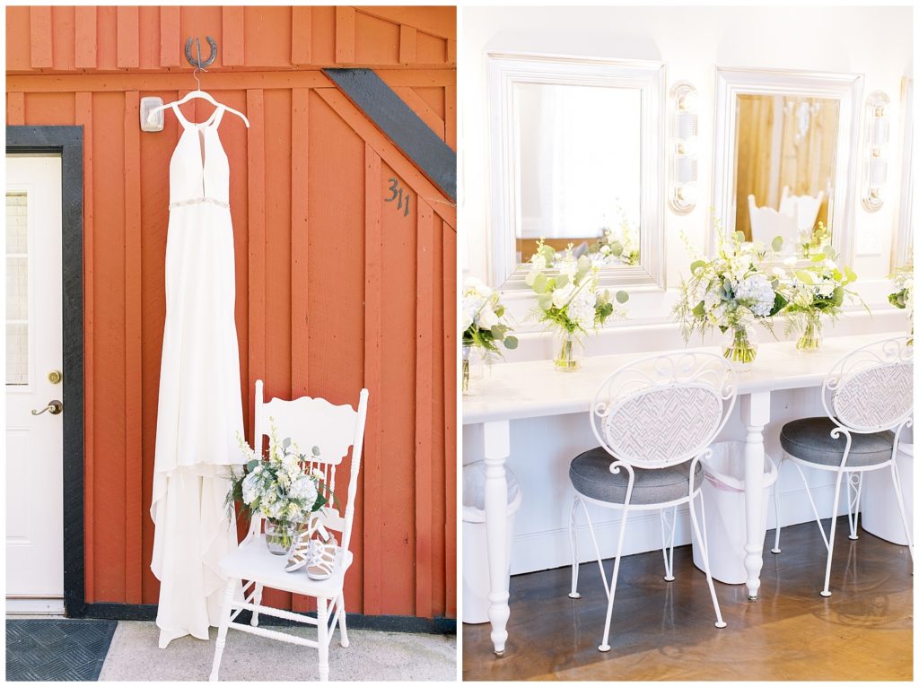 Her wedding dress hanging on a horseshoe outside the barn, paired with an image of the bridal suite with blue and white florals.