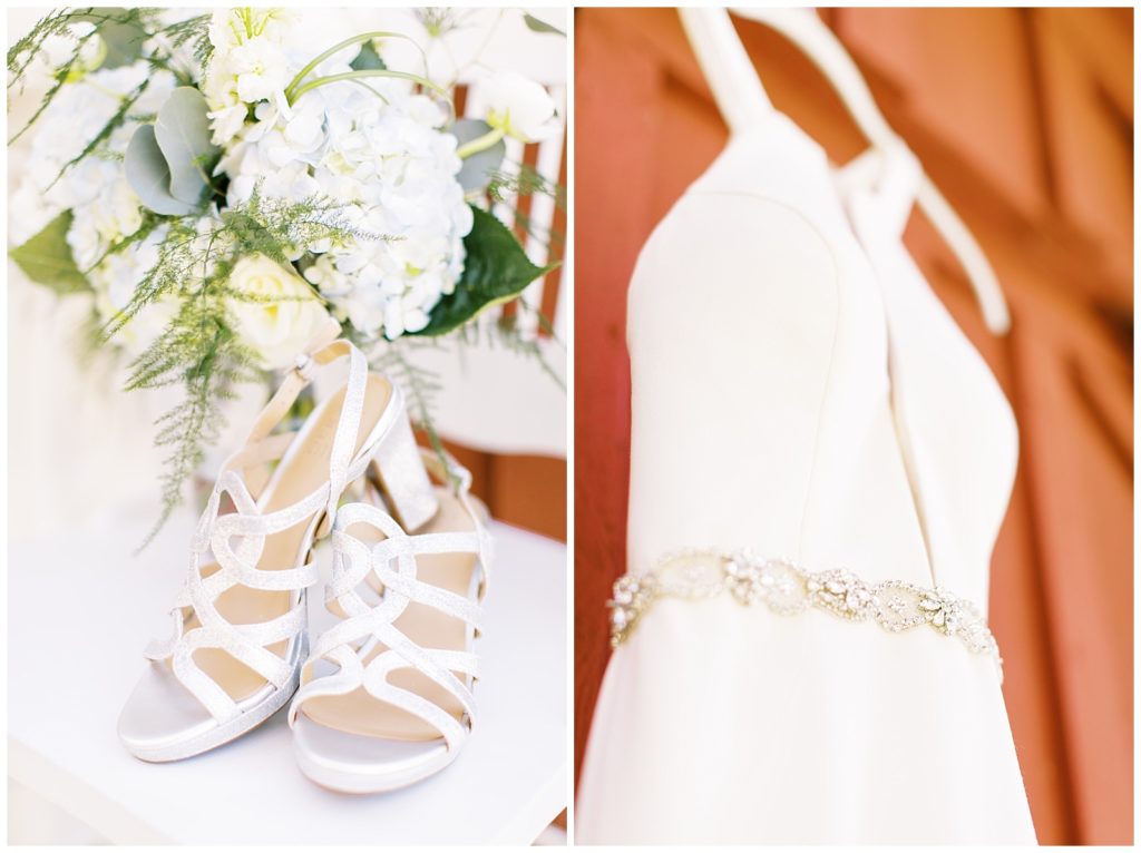 Silver shoes and jewel accents match her wedding dress belt.