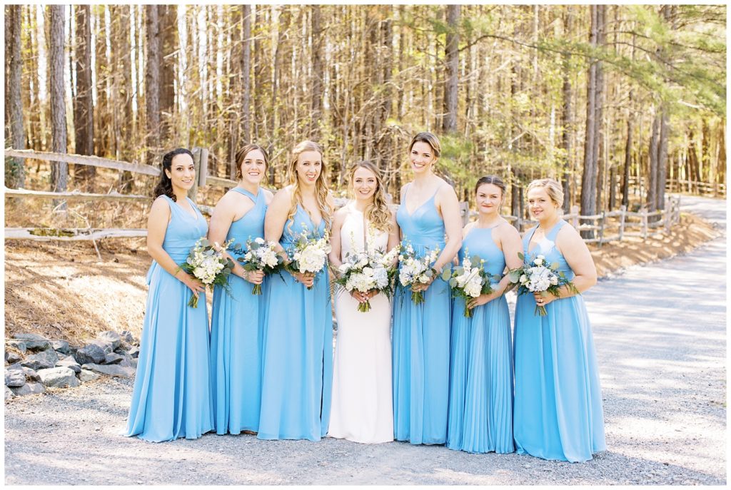 Formal portrait of the bride with her bridesmaids.