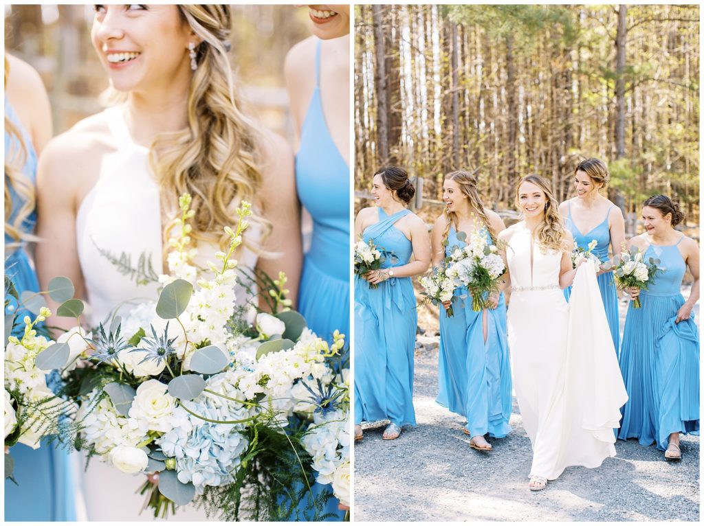 The bride and bridesmaids had blue and white floral bouquets.