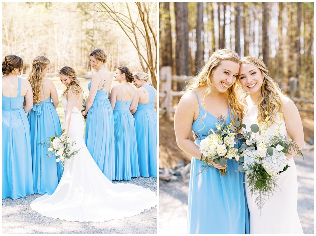 The bridesmaids wore steel blue dresses that did not match.