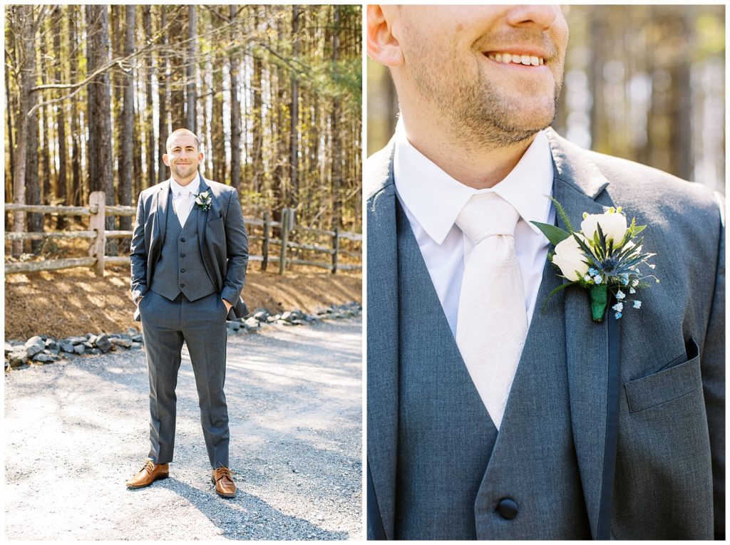 The groom wore a grey suit with a white tie from men's warehouse.