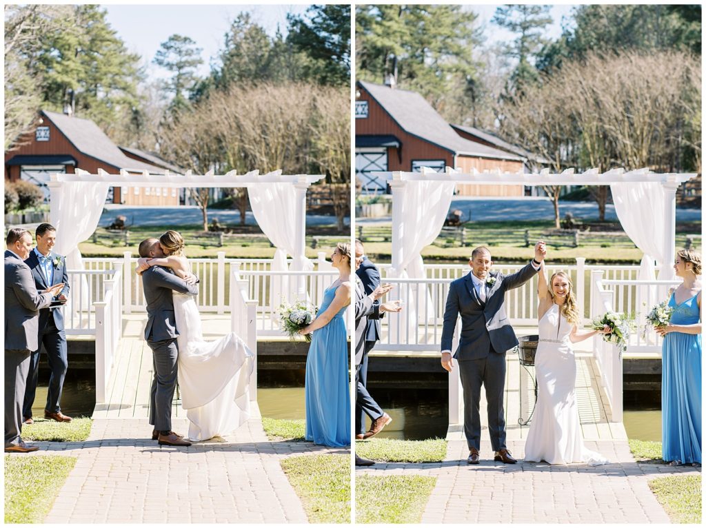 The bride and groom's first kiss during their ceremony on the pond at Shady Wagon Farm.