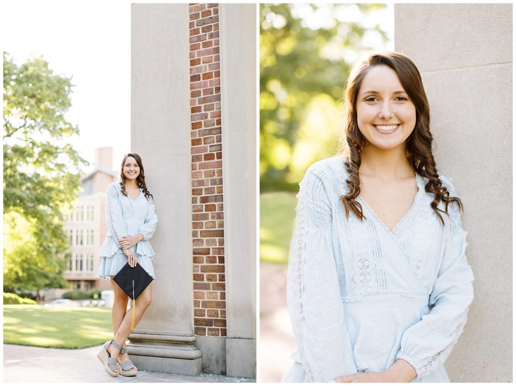 UNC Chapel Hill Grad photos with a light blue dress at the Bell Tower.