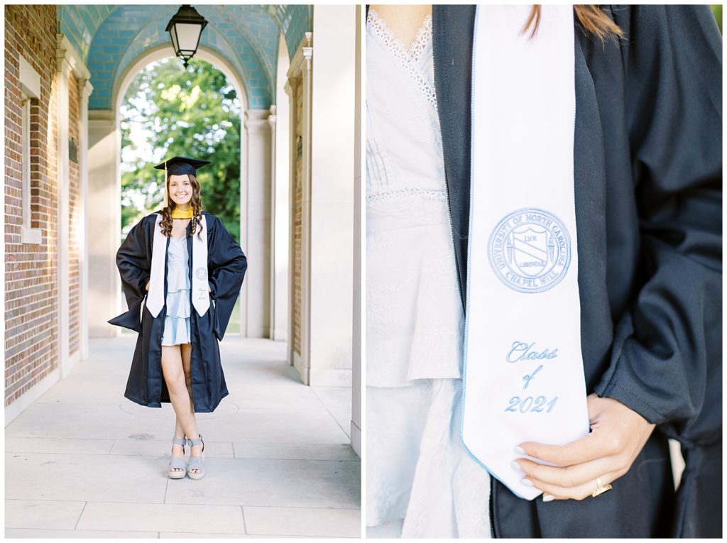 Black cap and gown photos at UNC Chapel Hill.