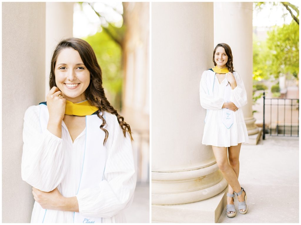 UNC Chapel Hill grad photos leaning against columns of one of the oldest buildings on campus.