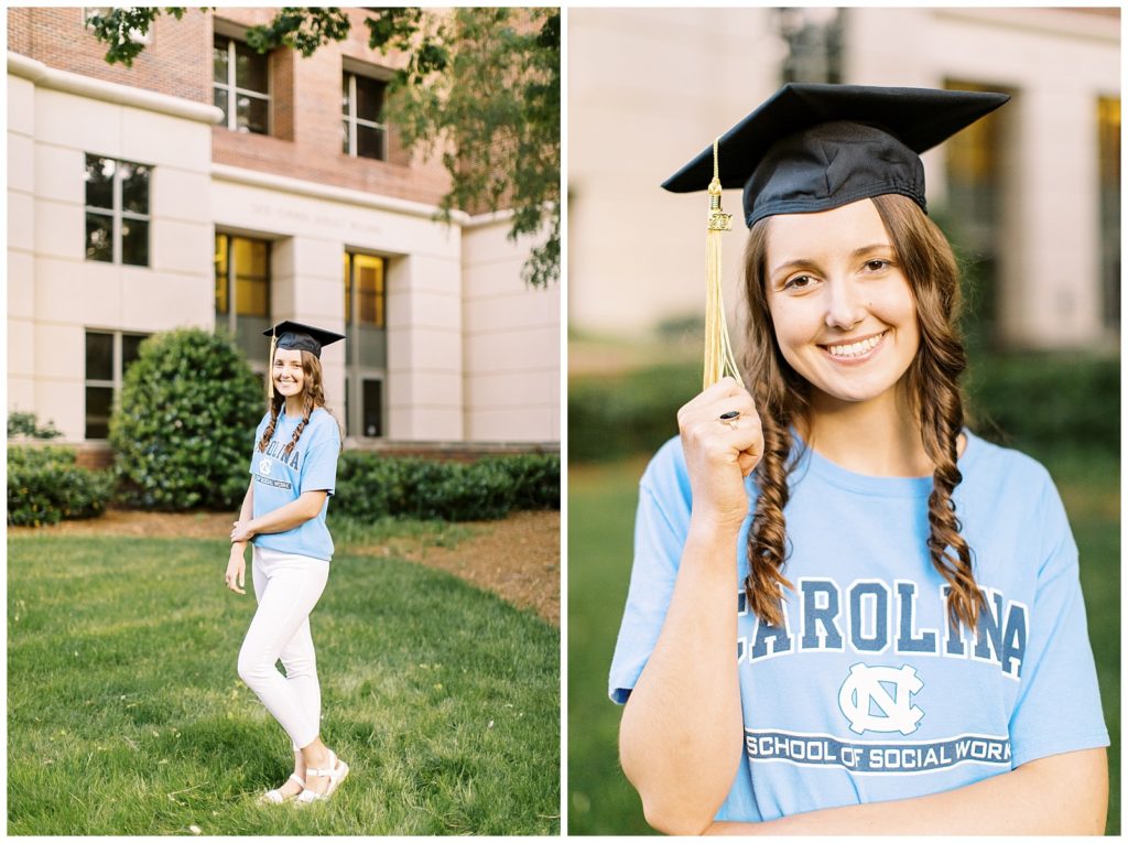 Lindsey took grad photos outside of the Social Work building in her light blue Carolina t-shirt and grad cap.