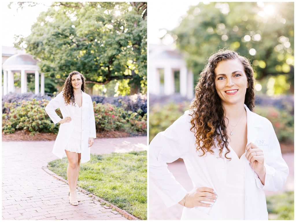 Nursing grad photos in her white coat at UNC Chapel Hill.