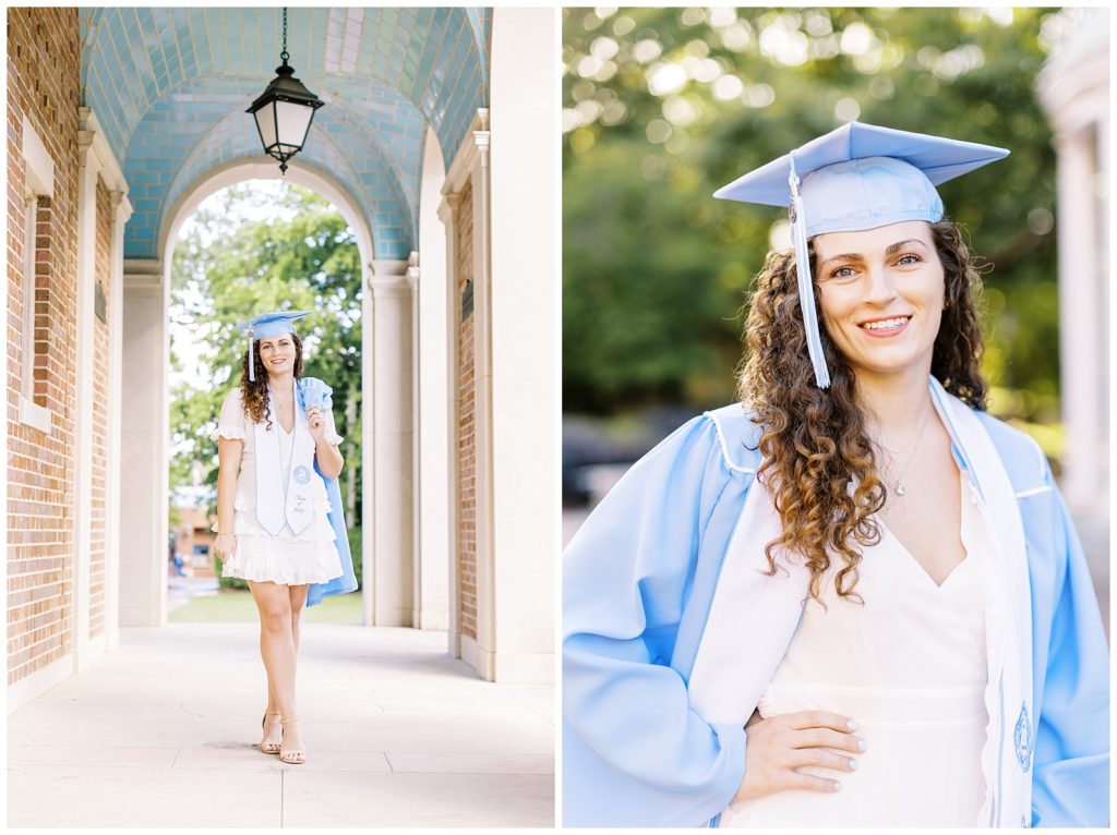 Blue and white cap and gown portraits at UNC Chapel Hill.