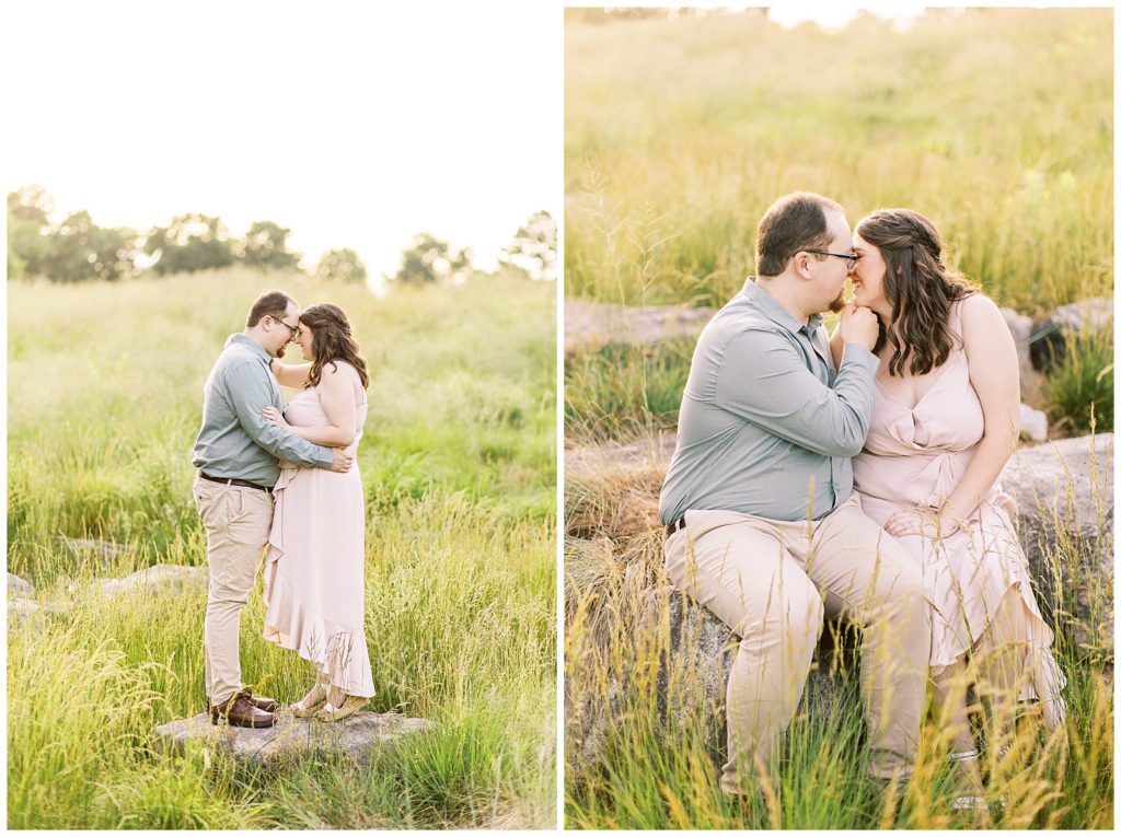 Engagement photos in a field with a willow tree in Raleigh, NC.