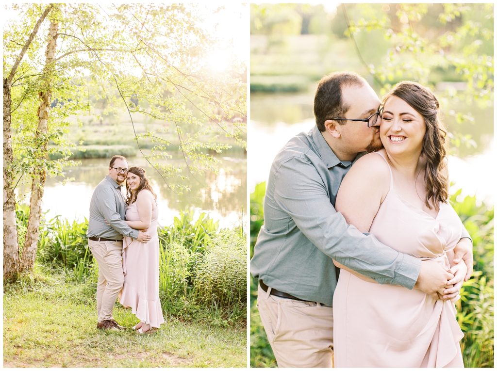 Spring engagement photos with greenery and a pond.
