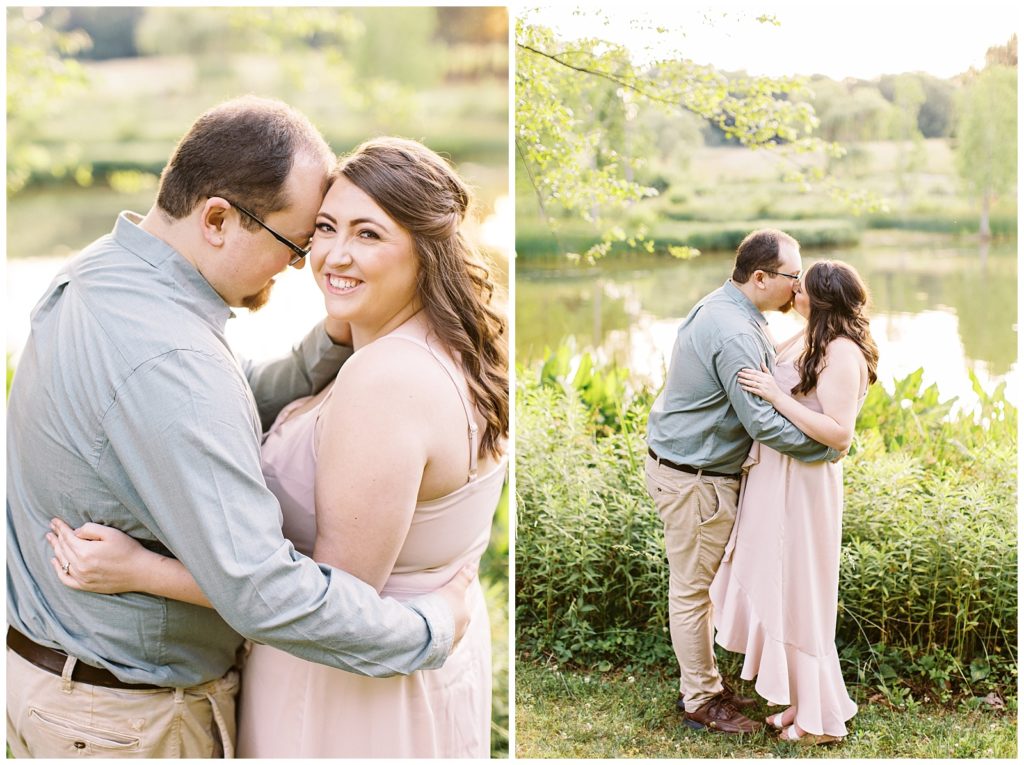 Raleigh Engagement photos by a pond with greenery and a light blush dress.