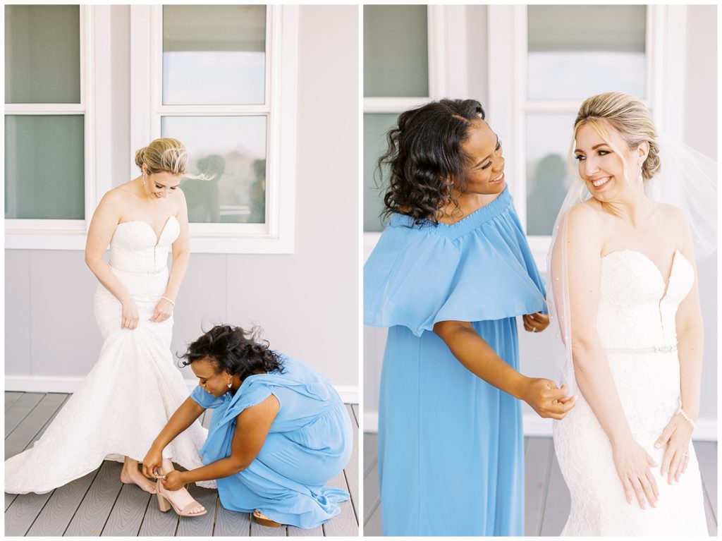 One of the bride's best friends helped put her veil in and put her heels on for her beach wedding.