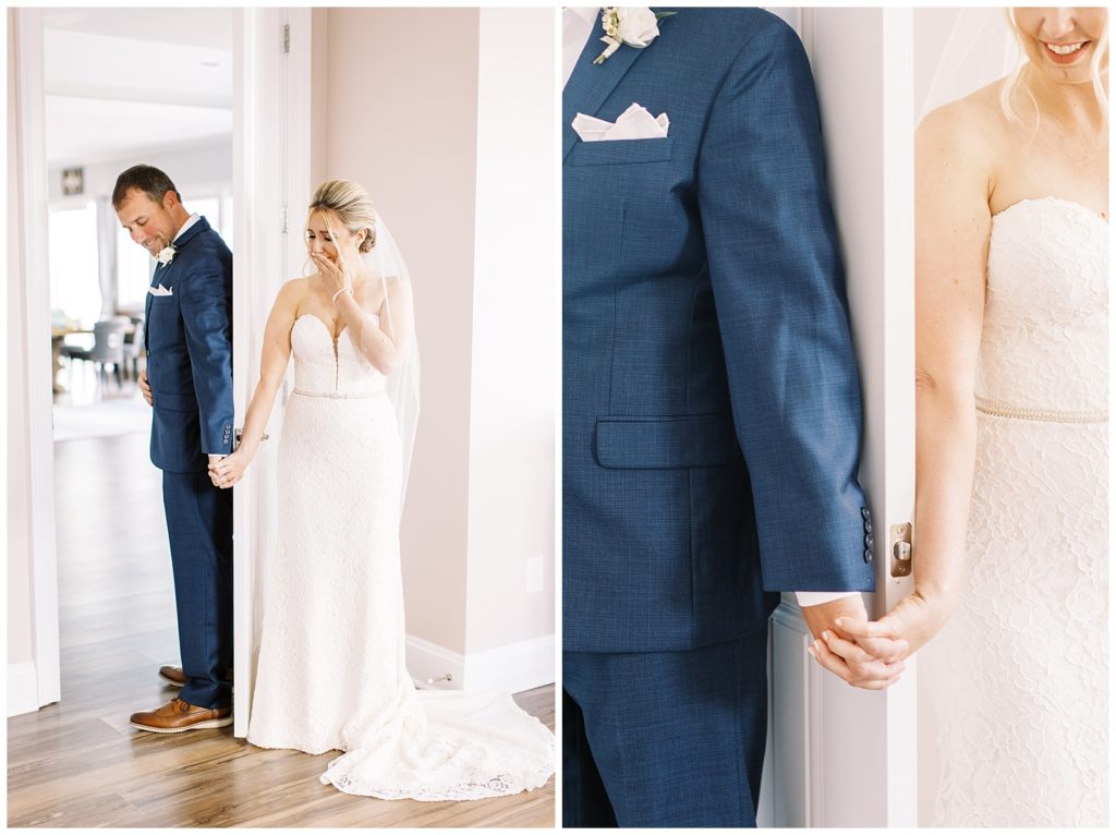 The bride and groom share an intimate first touch behind a door to talk to one another before the ceremony.