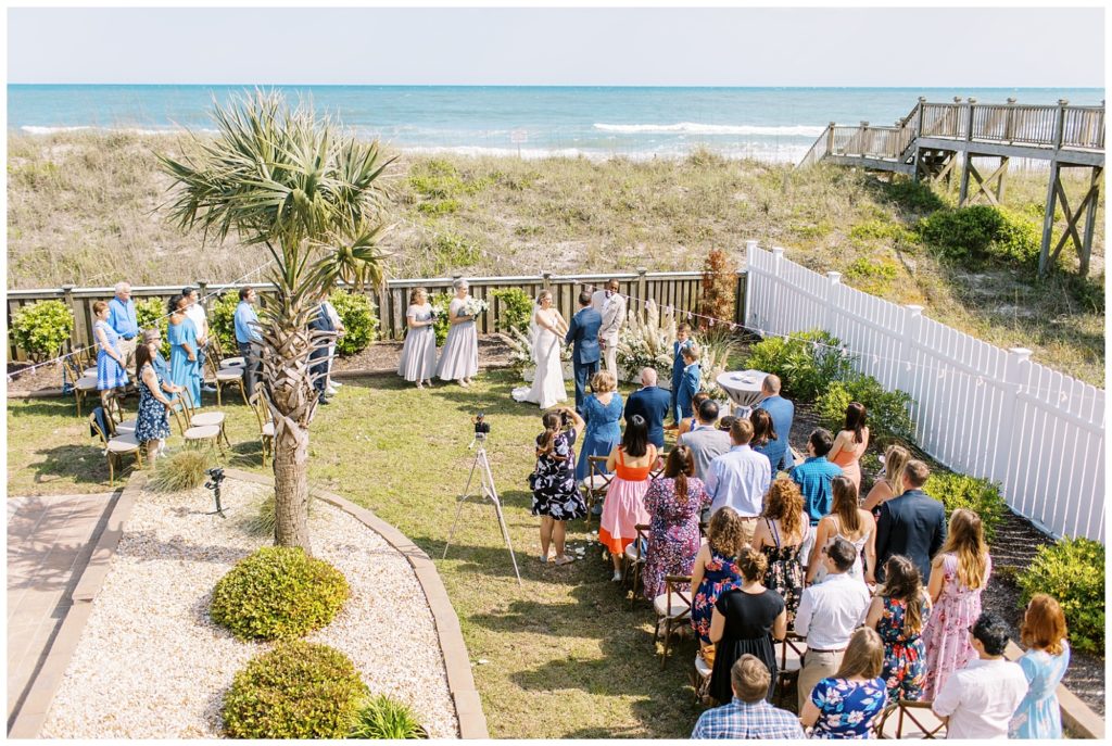Overhead image of the Topsail Manor wedding ceremony from the house deck.
