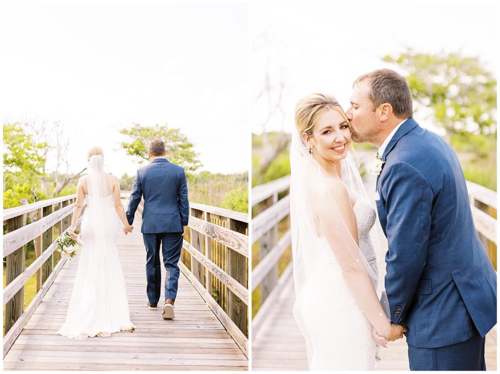 Bride and groom portraits on the sound side of the Outer Banks at Topsail Manor.