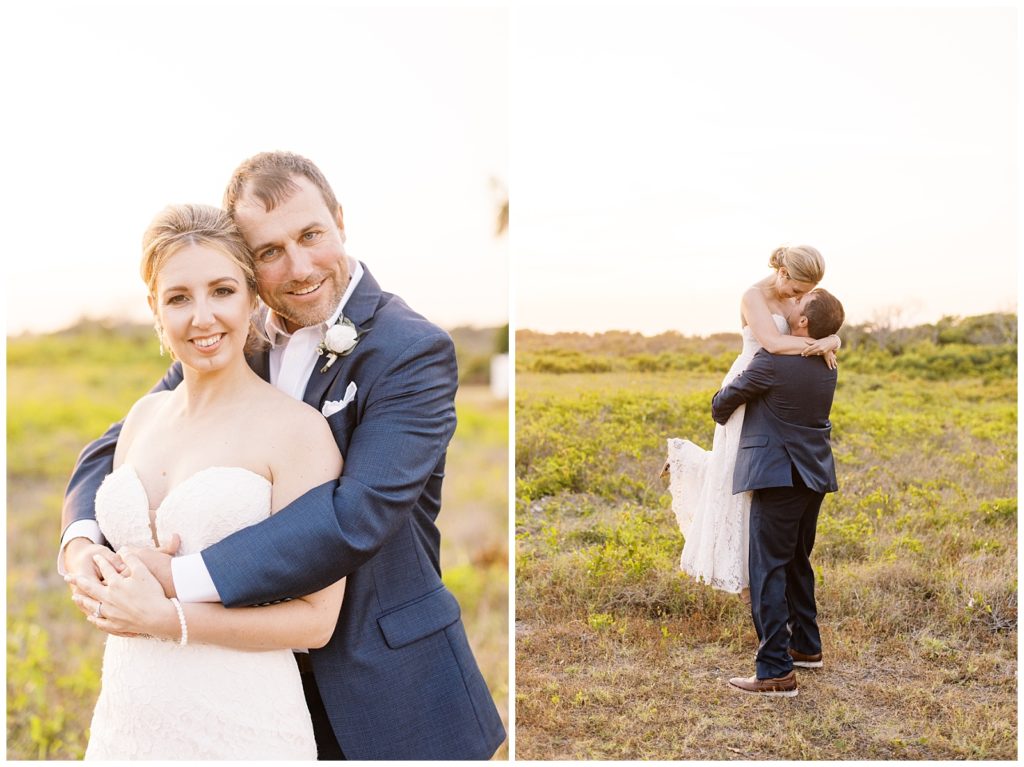 Sunset bride and groom portraits on the sound side of the Outer Banks.