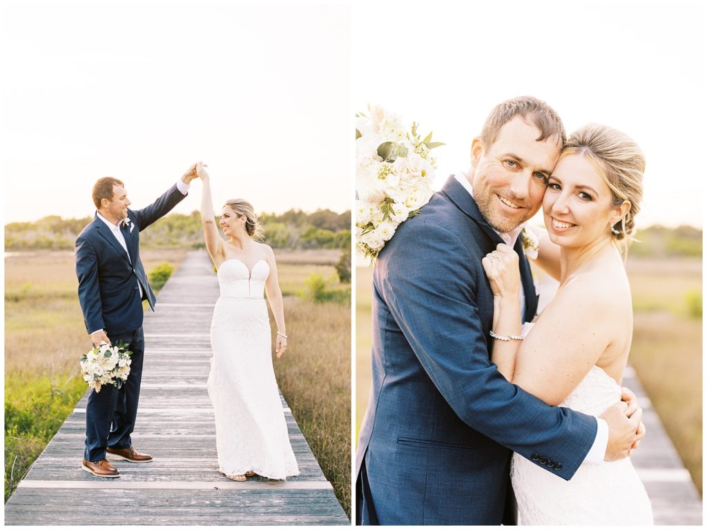 Bride and groom sunset photos. Outer banks wedding inspiration at Topsail Manor.