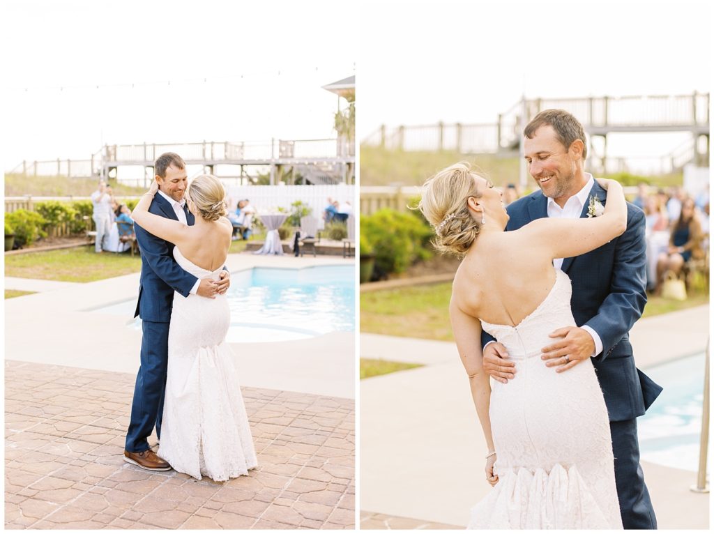 The bride and groom share their first dance next to the pool at Topsail Manor.