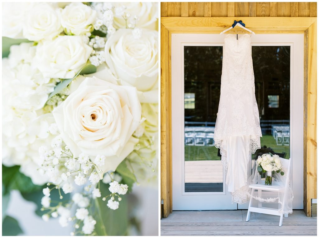 Her bridal gown hangs on the door to the barn with her bridal bouquet of white roses.