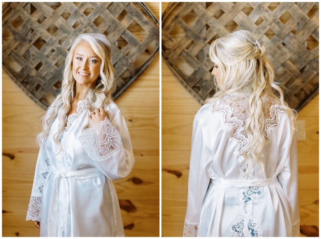 The bride wore a white satin robe made by her mother from the material of her mother's wedding dress.