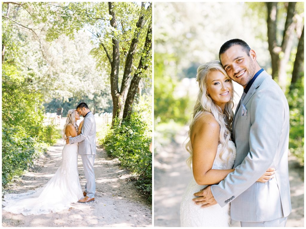 Bride and groom portraits on a hidden path at Twin Oaks Barn.
