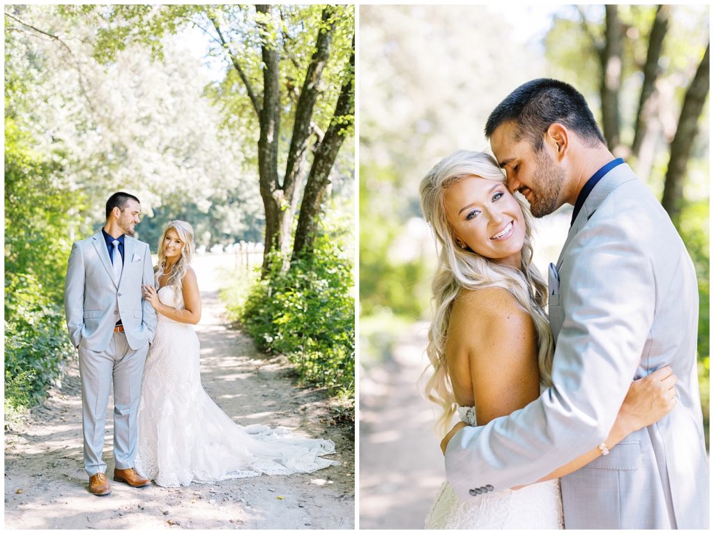 Bride and groom portraits on a hidden path at Twin Oaks Barn.