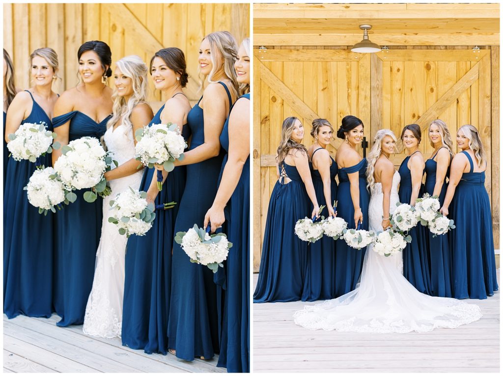 The bridesmaids wore navy dresses from azazie with white floral bouquets