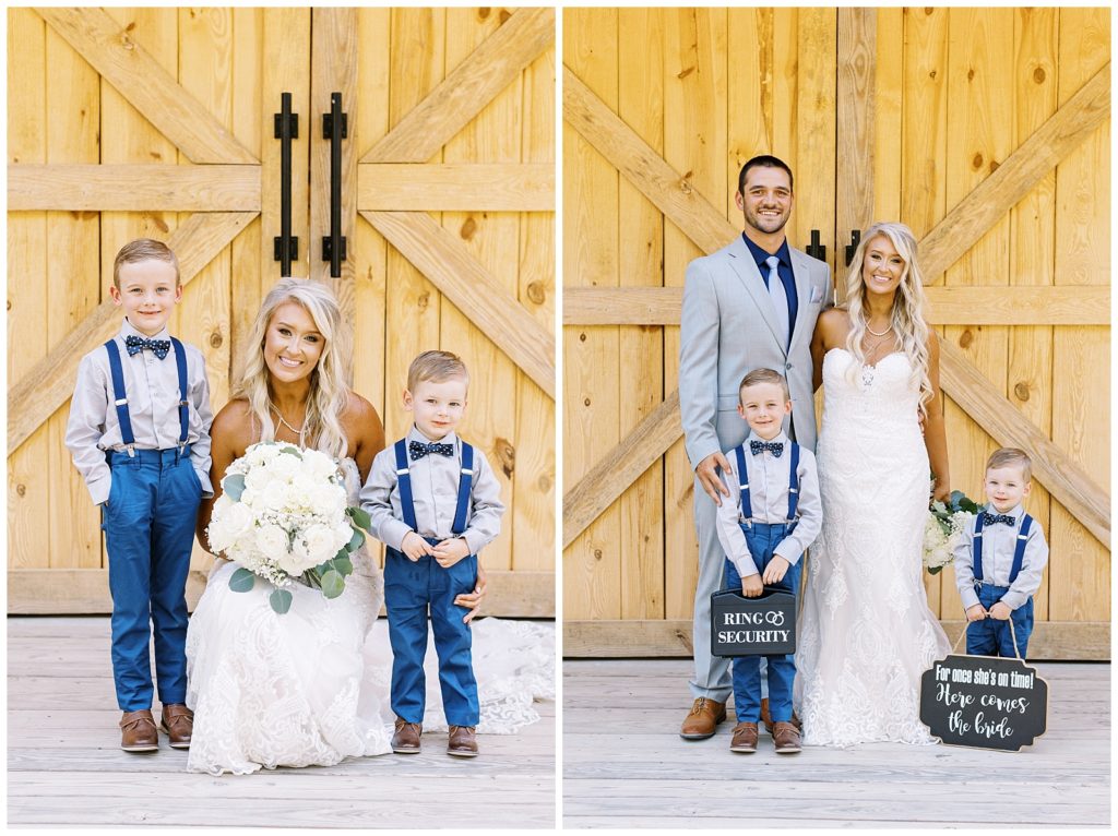 The bride and groom are aunt and uncle to the two ring bearers. The ring bearers carried a case with the words ring security on it down the aisle.