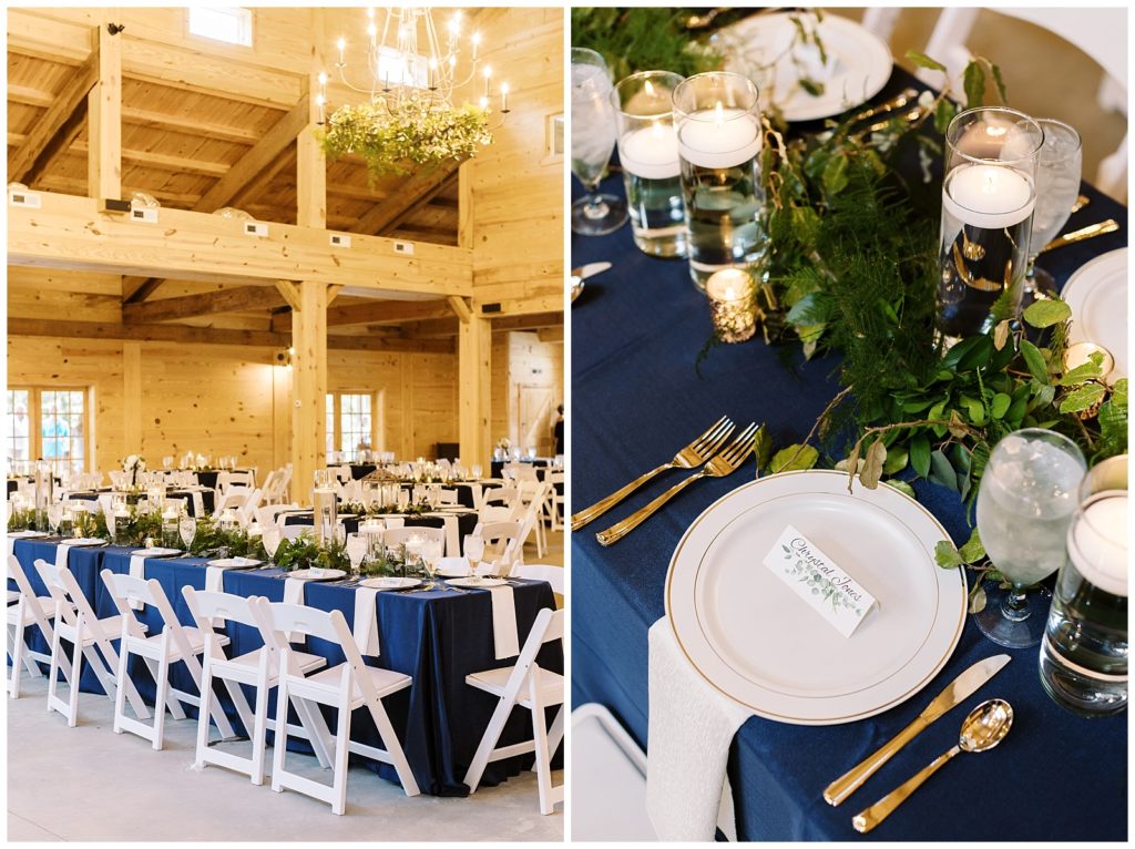 The inside of the barn was decorated with navy linens, greenery, and candles.