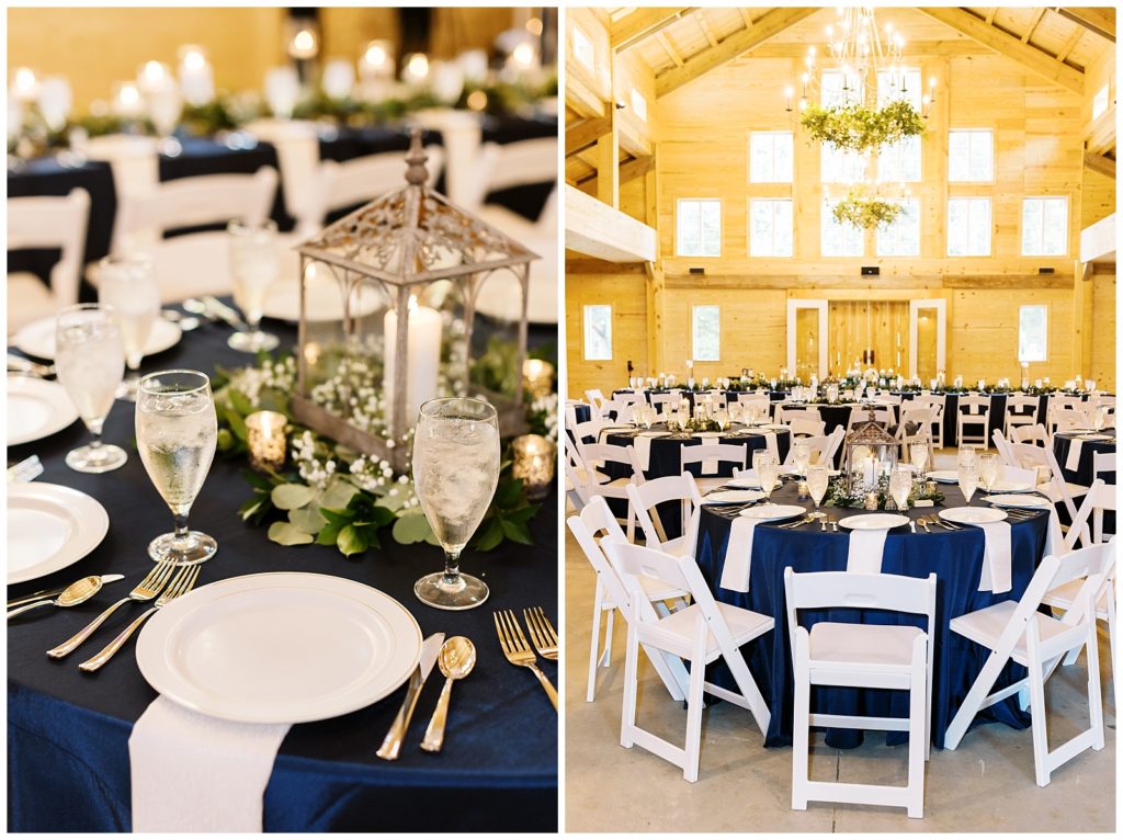 The inside of the barn was decorated with navy linens, greenery, and candles.
