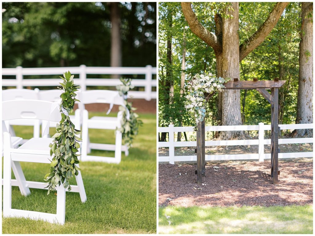 Ceremony decorations and florals on the arbor for this outdoor farm ceremony at Twin Oaks Barn.