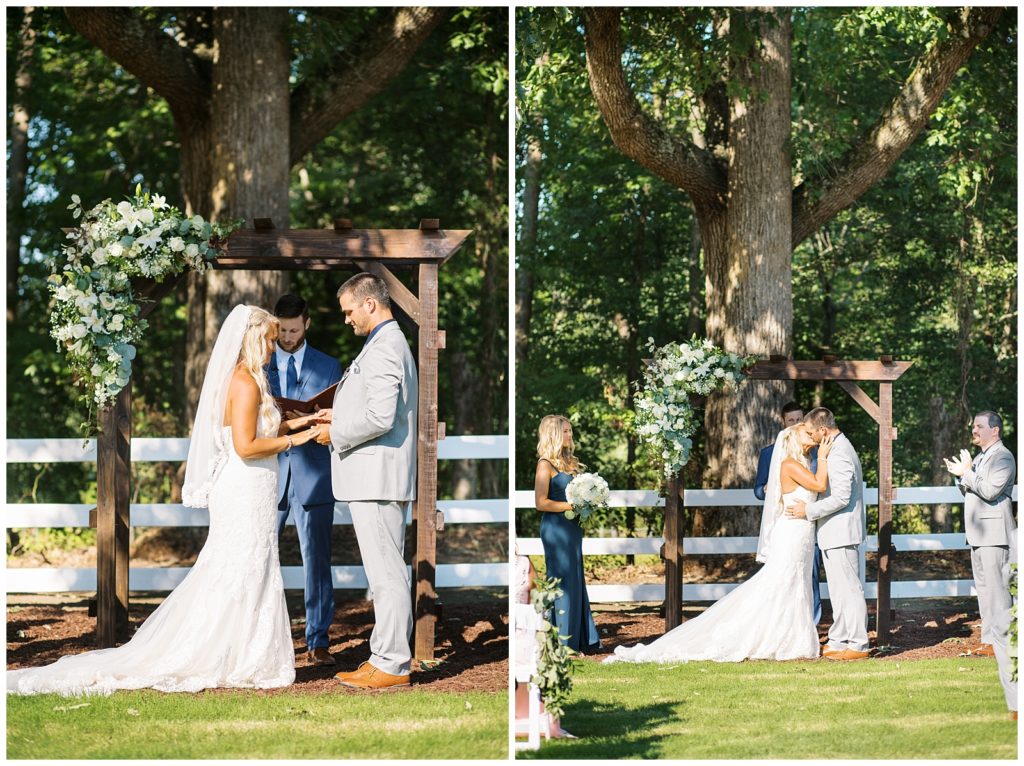 The bride and groom share their first kiss as husband and wife.