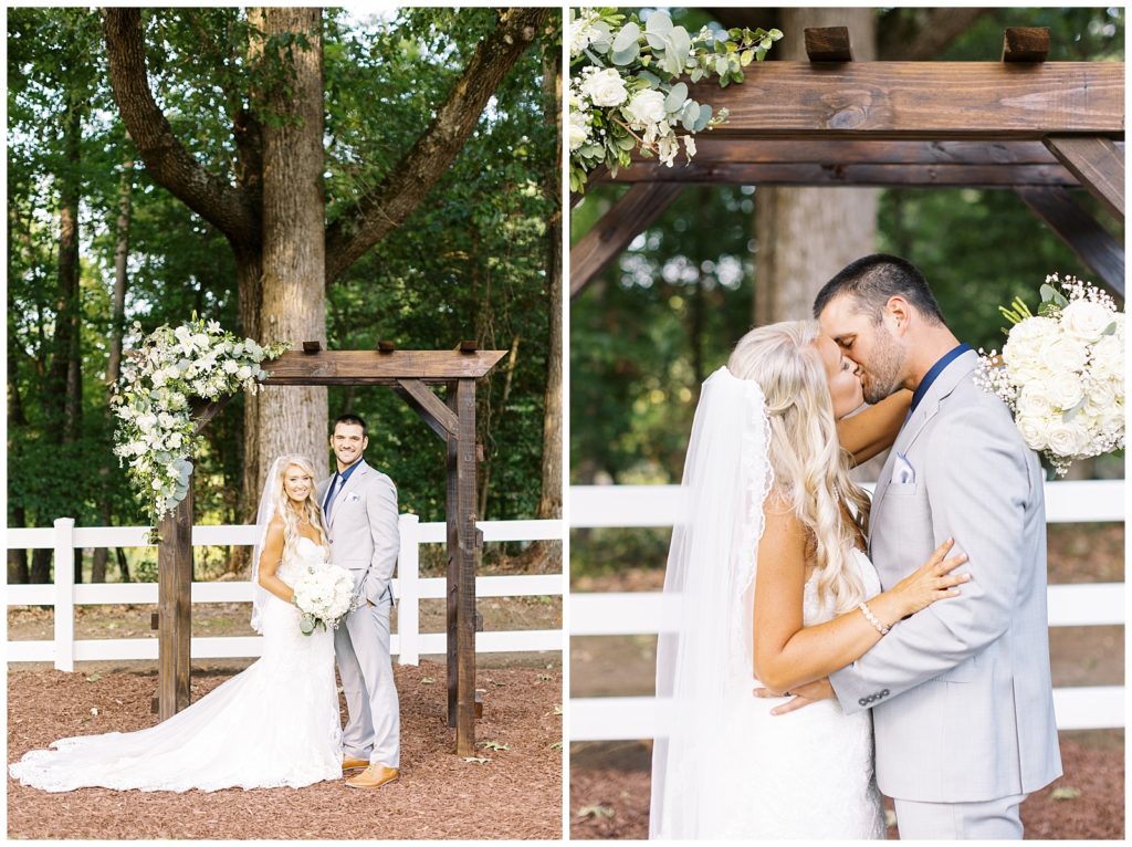 Bride and groom portraits under the arbor her father made for their wedding ceremony at Twin oaks Barn in Raleigh.