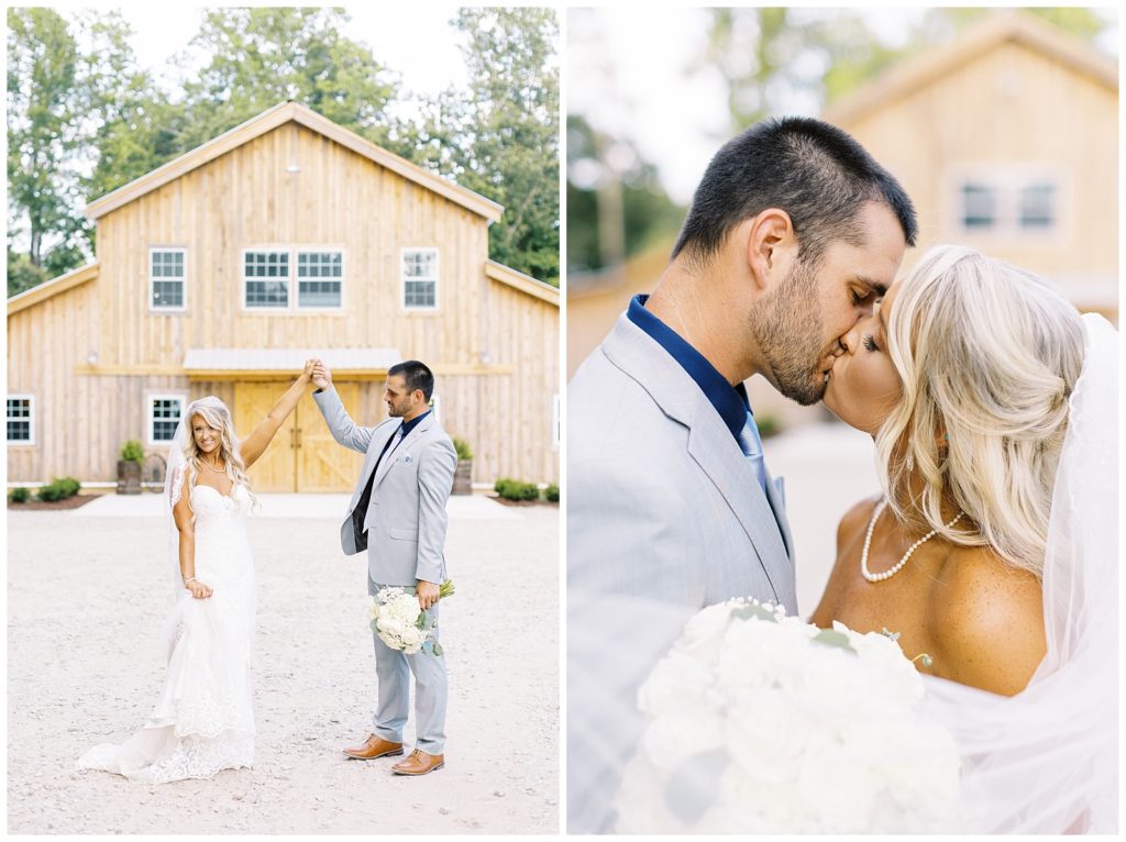 Bride and groom portraits in front of their wedding venue Twin Oaks Barn.