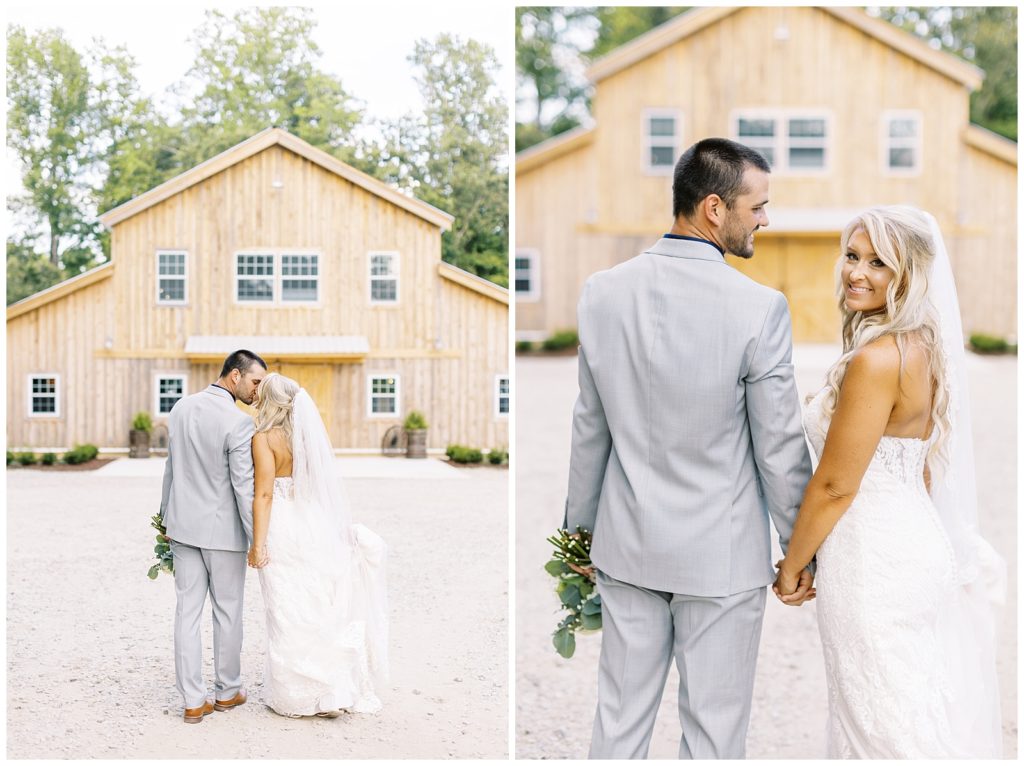 Bride and groom portraits in front of their wedding venue Twin Oaks Barn.