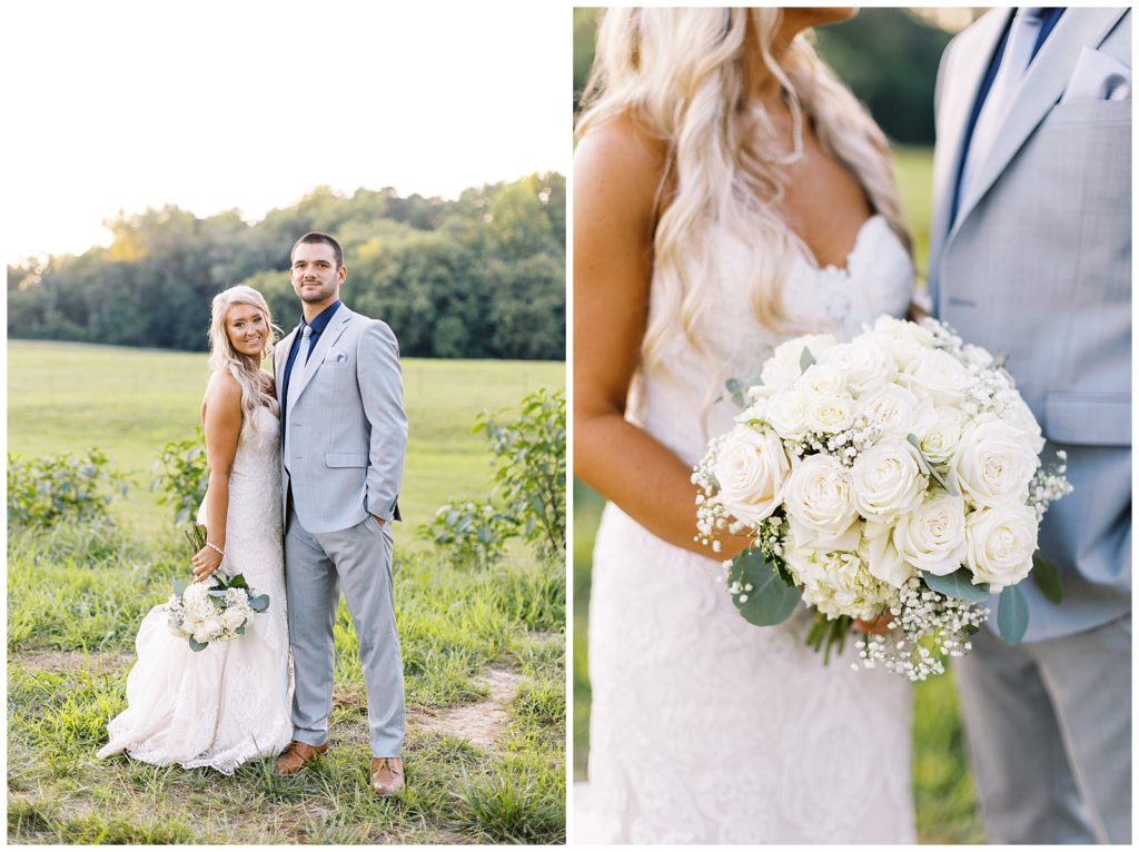 Sunset bride and groom portraits on a farm with open fields at Twin Oaks Barn.